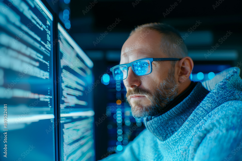 Portrait of an analyst at work in front of monitors, the concept of interaction between artificial intelligence and a person setting up analytics program systems