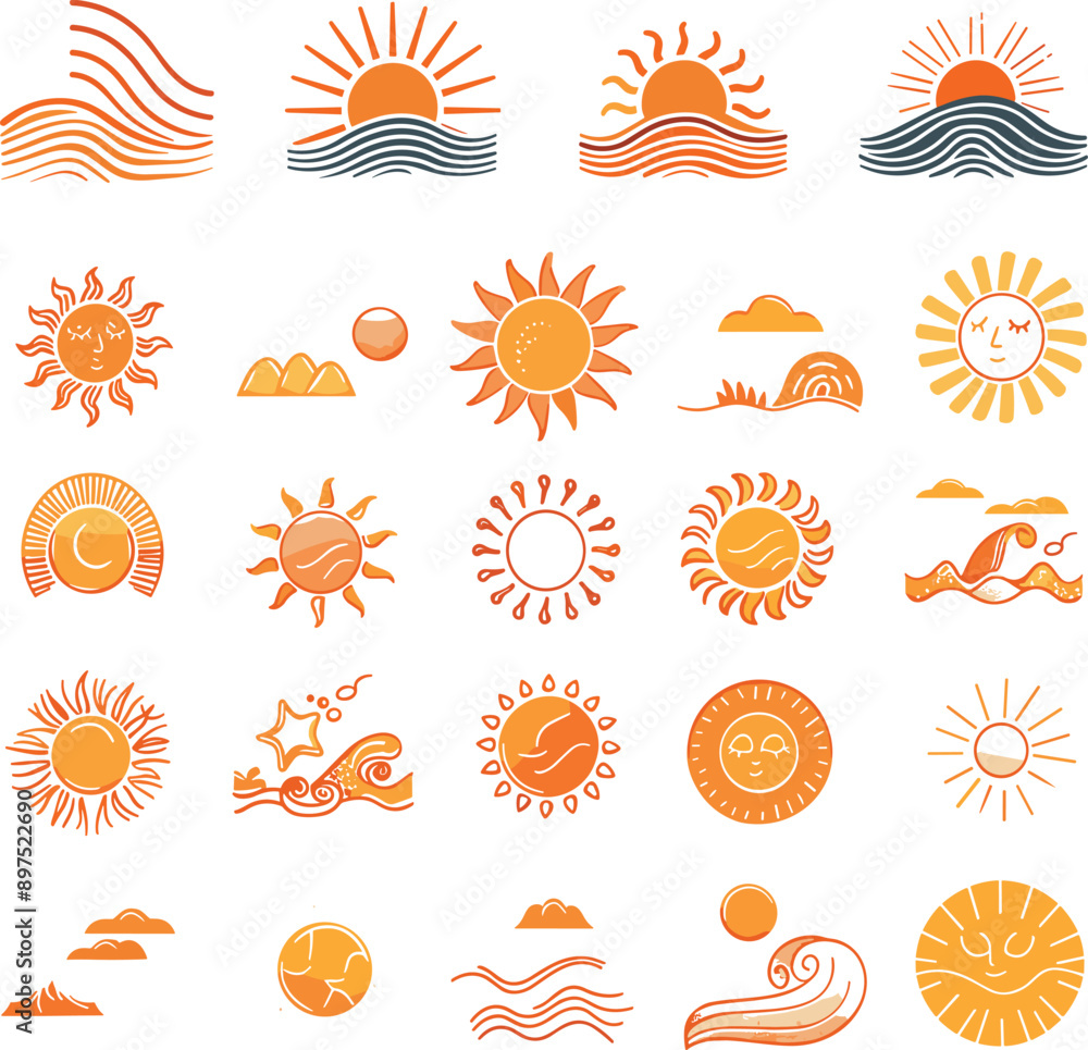 A diverse collection of sun and wave icons in various styles and colors ...