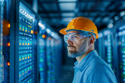 Service engineer in a service department checking and setting up computer systems of an enterprise that manage robotic lines