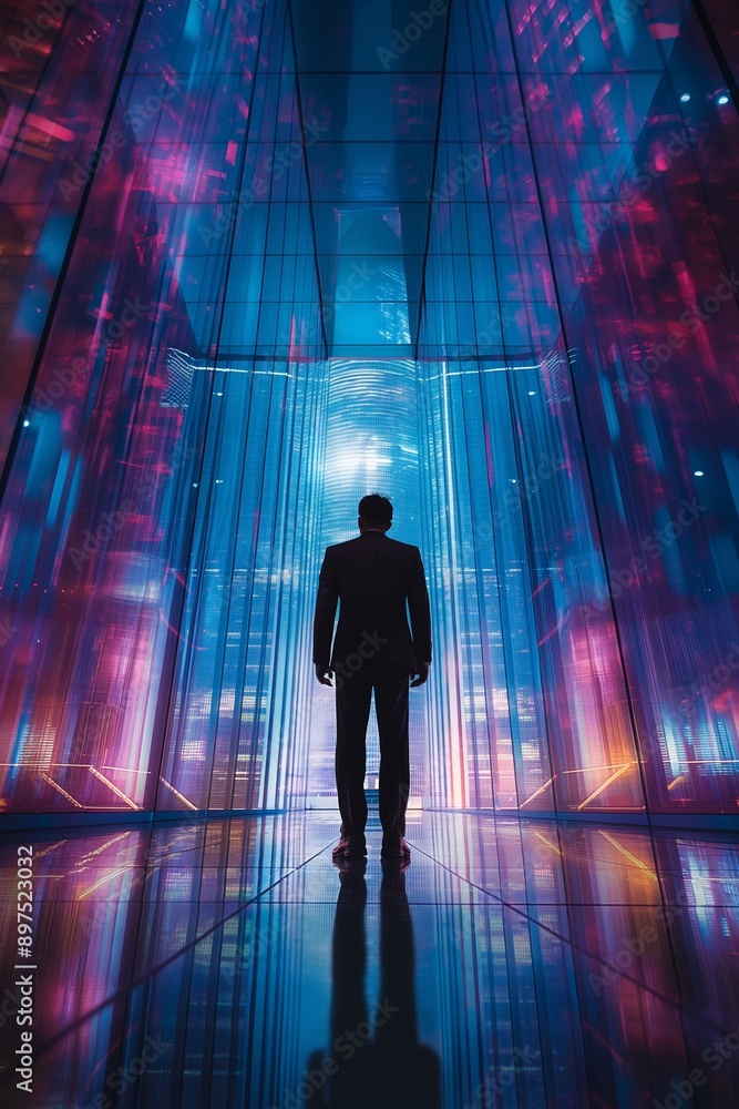 A person in a suit stands in a colorful, futuristic digital environment, surrounded by vibrant lights.