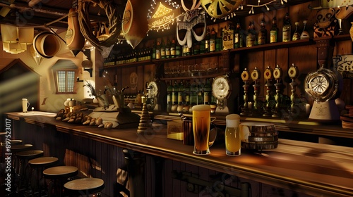 A traditional bar with wooden decor and beer mugs on the counter.