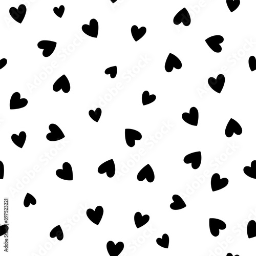 All over seamless vector repeat pattern with ditsy small black hand drawn doodle hearts tossed on white background. Simple cute Valentines day background