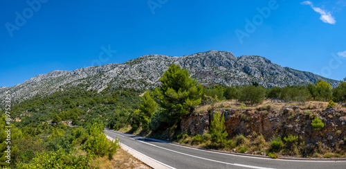 roatia road. Croatia - Adriatic Highway (Jadranska Magistrala) road along the coast. Croatia. Beautiful nature and landscape. Coastal Road and Sea in Summer   photo