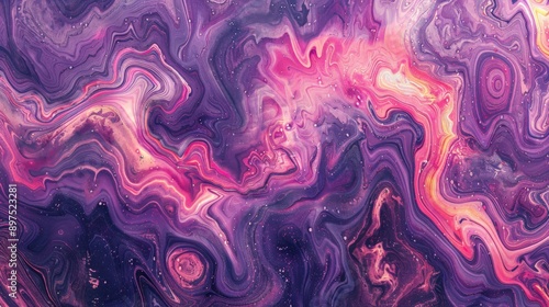 Fluid acrylic paint creating a marble effect with pink and purple colors in abstract background