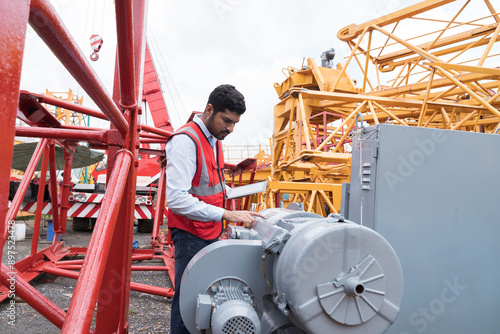 Male engineer or technician working, checking, maintenance electric crane motor at job site. Male engineer construction or foreman inspecting quality of crane motor at construction site photo