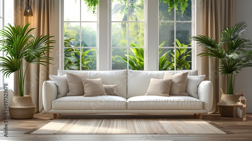 A living room with a white couch and two potted plants