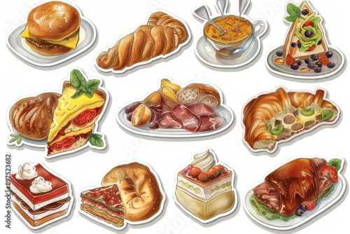 An assortment of delicious food and desserts, including burgers, croissants, pizza, and sandwiches, illustrated with vibrant colors.