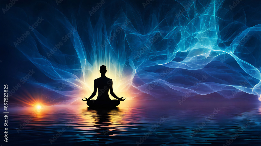 Silhouette of a person meditating with holographic light waves, ethereal and serene Silhouette of a person meditating with holographic light waves, ethereal and serene
