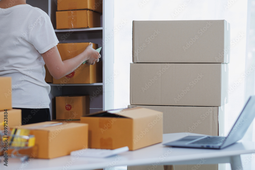 Start Up Business or small SME business owners open an office at home conduct online business and check product stock before sending products according orders customers who order products online. Start Up Business or small SME business owners open an office at home conduct online business and check product stock before sending products according orders customers who order products online.