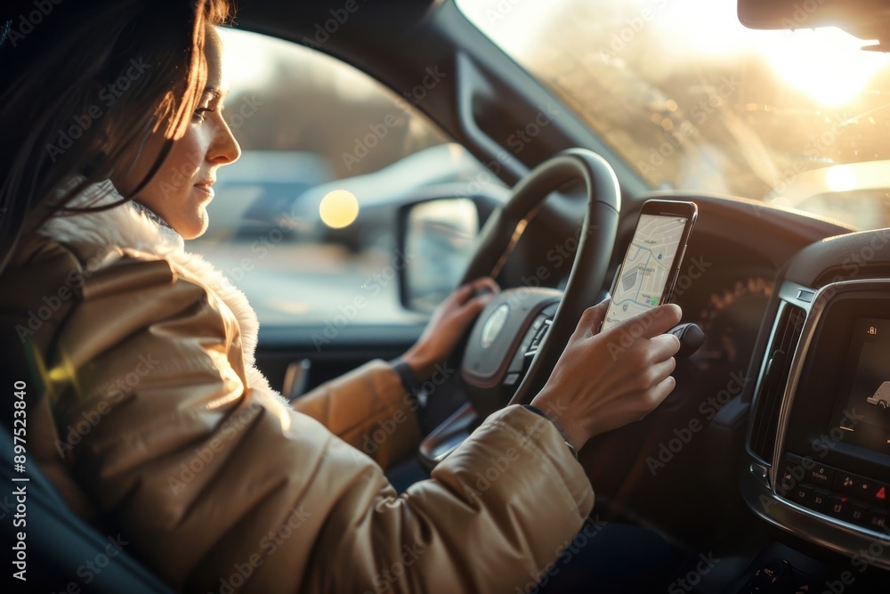 A woman checks her navigation app while driving down a sun-drenched road A woman checks her navigation app while driving down a sun-drenched road