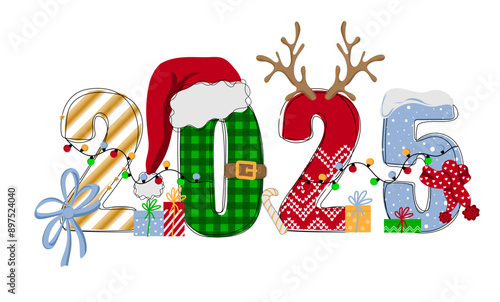 Hand drawn doodle number of 2025 with scarf,  santa hat, antler and garlands. Happy new year. Christmas design for poster, banner, t shirt, card, flyer
