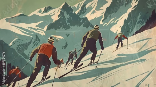 Vintage Olympic poster from the 1948 St Moritz Winter Games, featuring stylized skiers and muted colors, retro style, detailed illustration