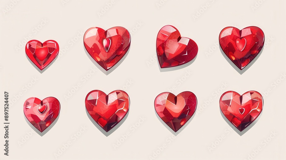 A collection of eight red hearts with different styles, shapes, and sizes. They are all illustrated in a digital style with shiny, textured surfaces. Generative AI A collection of eight red hearts with different styles, shapes, and sizes. They are all illustrated in a digital style with shiny, textured surfaces. Generative AI