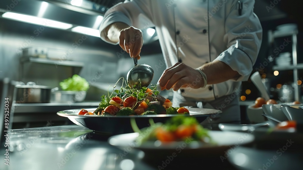 Chef Finishing a Vegetable Dish in a Restaurant Kitchen Chef Finishing a Vegetable Dish in a Restaurant Kitchen