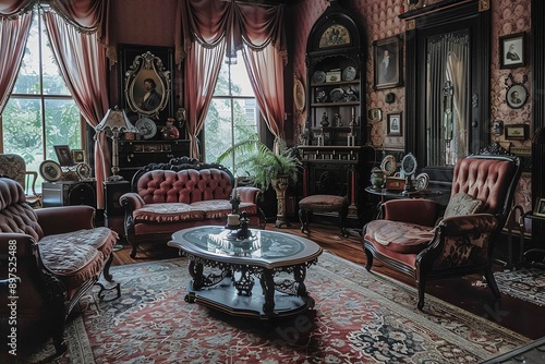 Vintage Victorian living room with antique furniture, ornate decor, and natural light from large windows, creating a timeless elegance. photo