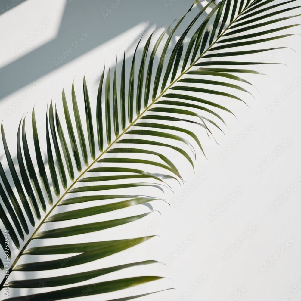 Fototapeta premium Blurred defocused shadow from palm leaves on white wall. Minimalistic beautiful summer or spring background for product presentation. Theme of travel and beach holidays. Long narrow leaves. AI