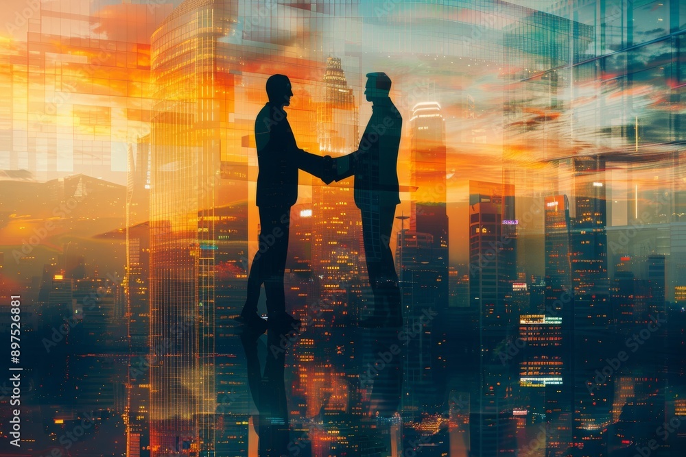 Double exposure of two business men shaking hands and city skyline at sunset, representing success in corporate unity concept Double exposure of two business men shaking hands and city skyline at sunset, representing success in corporate unity concept
