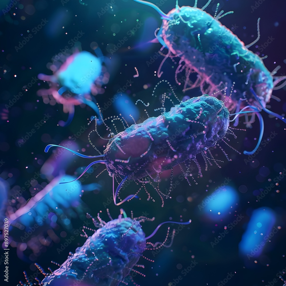Close-up of a colorful bacterium with visible pili, showcasing its detailed structure against a dark background. Close-up of a colorful bacterium with visible pili, showcasing its detailed structure against a dark background.