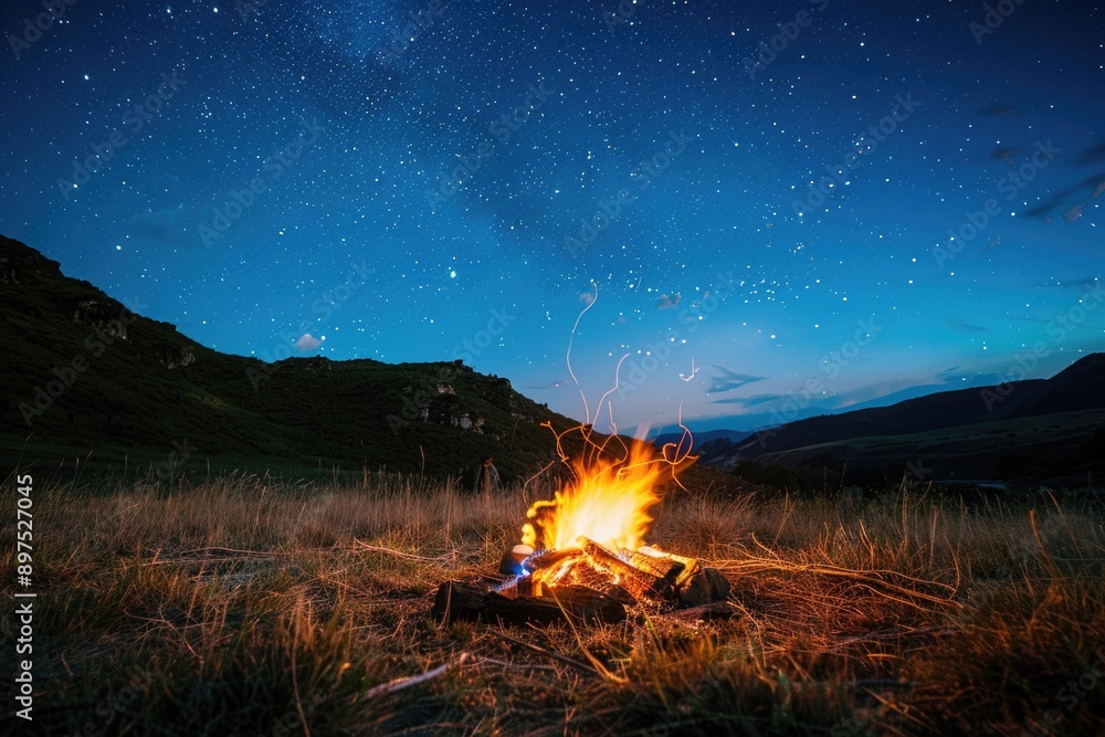 Silhouette of mountains against night sky, with a warm fire burning at campsite. Silhouette of mountains against night sky, with a warm fire burning at campsite.