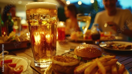 Friends enjoying a casual evening meal together at a pub, featuring beer and sandwiches on a dining table.