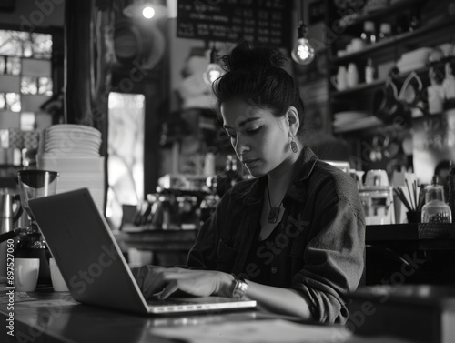 Woman working on laptop at coffee shop, possibly serving customers or managing orders. © vefimov