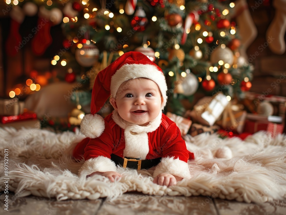A high-resolution photograph of a baby wearing a Santa Claus outfit, sitting in front of a beautifully decorated Christmas tree. A high-resolution photograph of a baby wearing a Santa Claus outfit, sitting in front of a beautifully decorated Christmas tree.