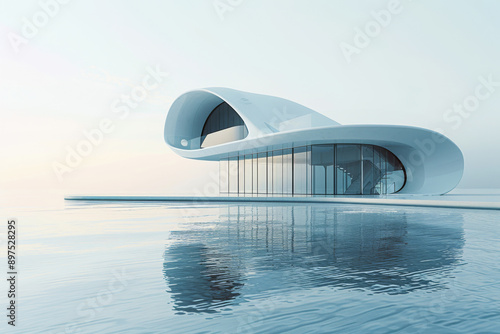 Modern buildings by the lake. Empty architectural background.