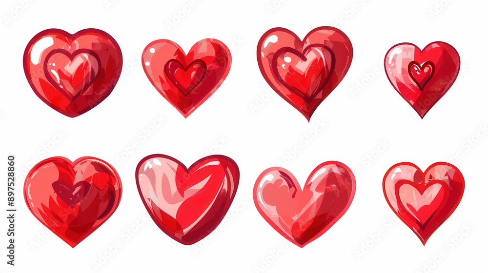 A collection of eight red heart illustrations in different styles, showcasing a variety of shapes, sizes, and textures. Generative AI A collection of eight red heart illustrations in different styles, showcasing a variety of shapes, sizes, and textures. Generative AI