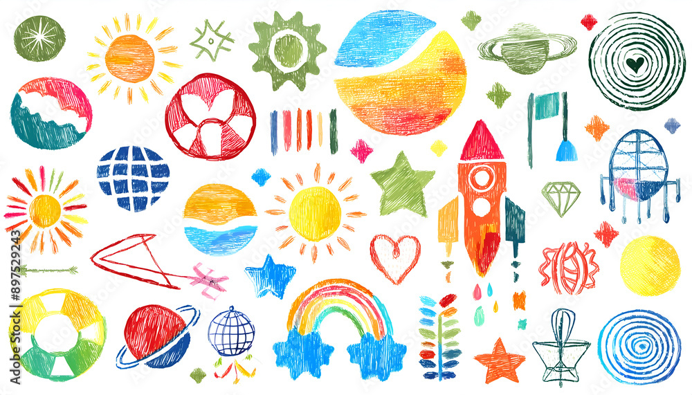 Colorful Hand-Drawn Symbols and Icons on White Background