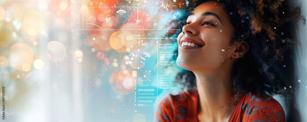 Smiling woman with futuristic technology elements and bokeh lights in background Smiling woman with futuristic technology elements and bokeh lights in background