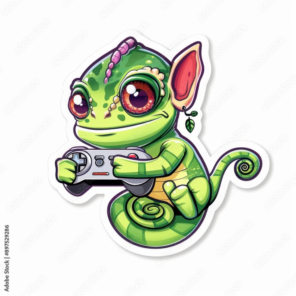 Obraz premium Adorable cartoon chameleon playing video games with controller, vibrant colors and charming design on white background