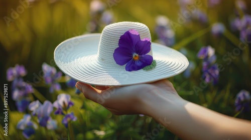 Woman s hand holding violet wild flower and white hat in horizontal photo against nature background ideal for summer photo