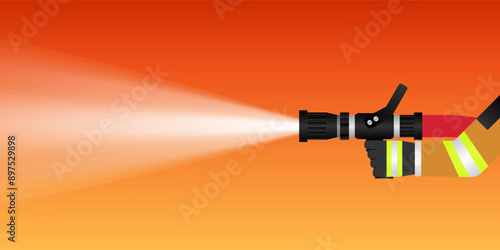 Firefighter Holding Fire Hose Nozzle to  Spraying Water. Vector Illustration. 