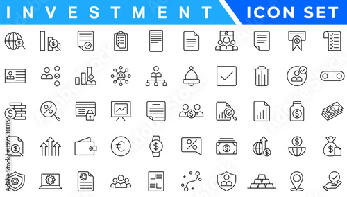 Investment icons in line design. Accounting, analytics, finance, business, money, financial, audit, tax, budget, capital isolated on white background vector. Accounting editable stroke icons.