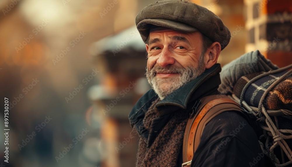 An ultra sharp photo of a likable chimney sweep outdoors, exuding warmth and charm, showcasing his An ultra sharp photo of a likable chimney sweep outdoors, exuding warmth and charm, showcasing his