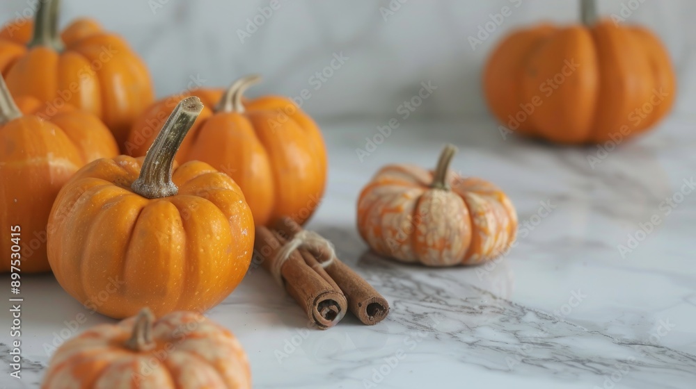 Pumpkins and cinnamon sticks on marble surface Pumpkins and cinnamon sticks on marble surface