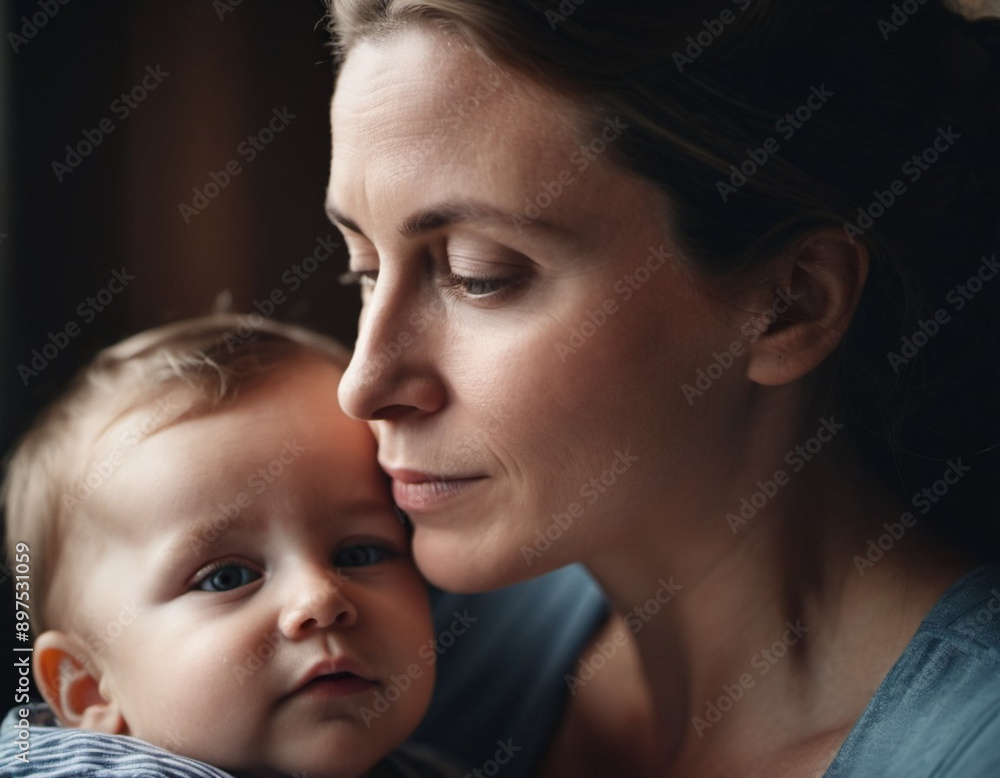 A mother lovingly gazes at her infant baby, holding the child close in her arms. Cute infant child is calm. Love of mother and child. Happy childhood. Family relationships, motherhood and fertility. A mother lovingly gazes at her infant baby, holding the child close in her arms. Cute infant child is calm. Love of mother and child. Happy childhood. Family relationships, motherhood and fertility.