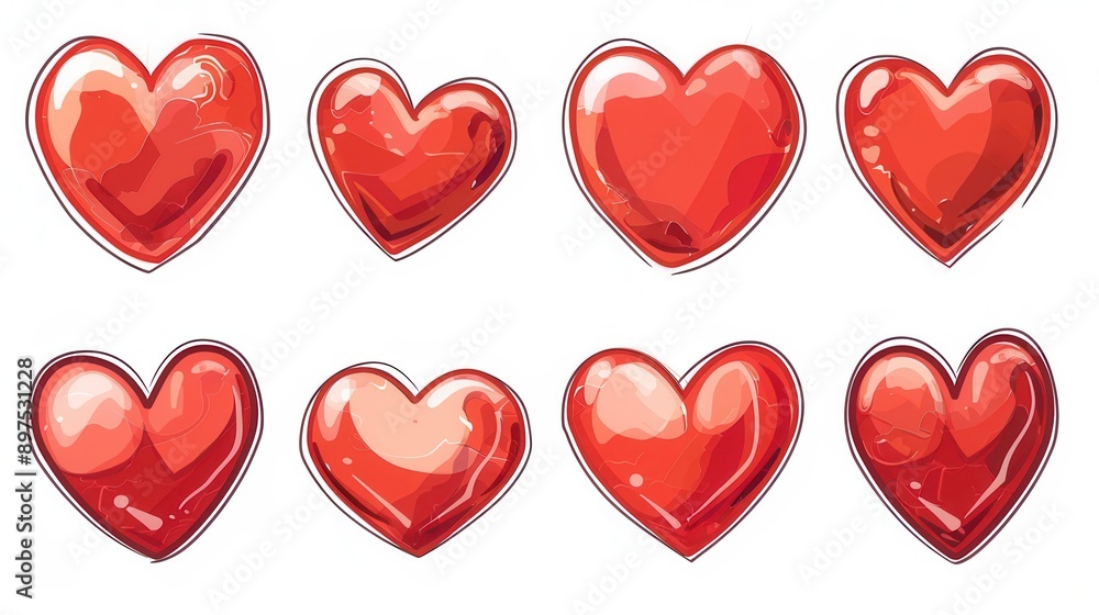A collection of six red heart illustrations with varying styles, including gloss, shading, and shape. Generative AI A collection of six red heart illustrations with varying styles, including gloss, shading, and shape. Generative AI