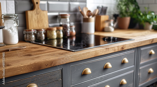 Front view of an elegant interior with gray drawers beneath the kitchen cabinets. The room features an empty wooden table and a marble countertop, equipped with modern cooking appliances. It is a well