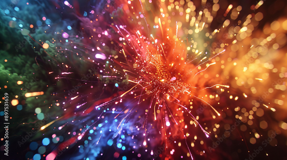 Close-up of a firework bursting in vibrant colors against the night sky during a summer festival, with detailed sparks and trails visible, captured in realistic style, UHD Close-up of a firework bursting in vibrant colors against the night sky during a summer festival, with detailed sparks and trails visible, captured in realistic style, UHD