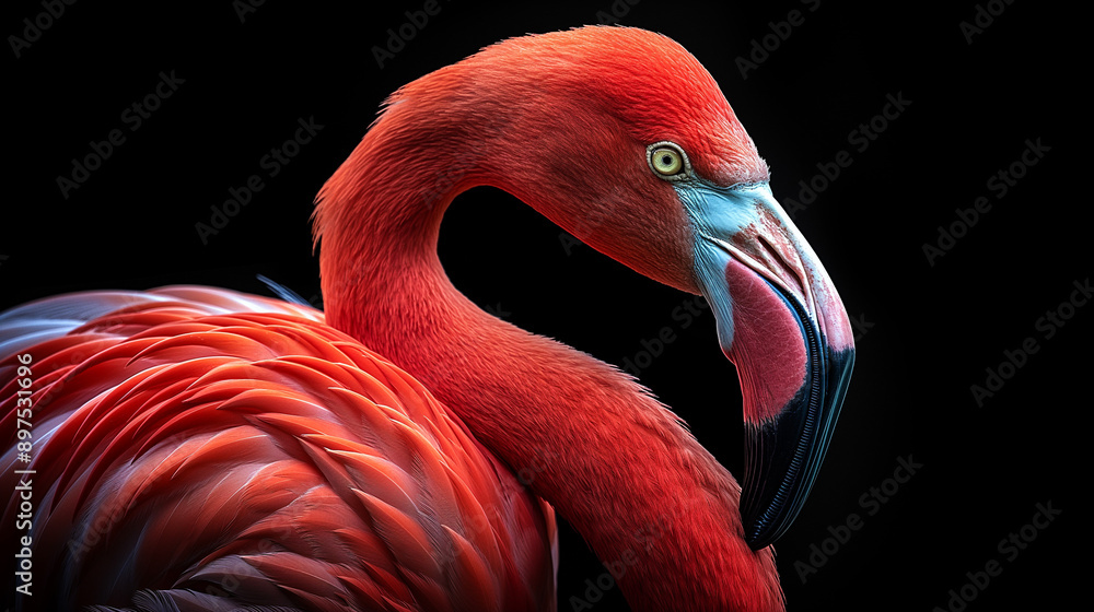 Obraz premium Portrait of a beautiful flamingo on a black background
