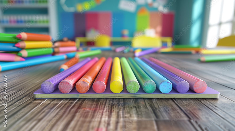 Close-Up of Colorful Pencils Arranged on Classroom Desk with Vibrant Background, Highlighting Creative Learning Environment and Art Supplies in School Setting Close-Up of Colorful Pencils Arranged on Classroom Desk with Vibrant Background, Highlighting Creative Learning Environment and Art Supplies in School Setting