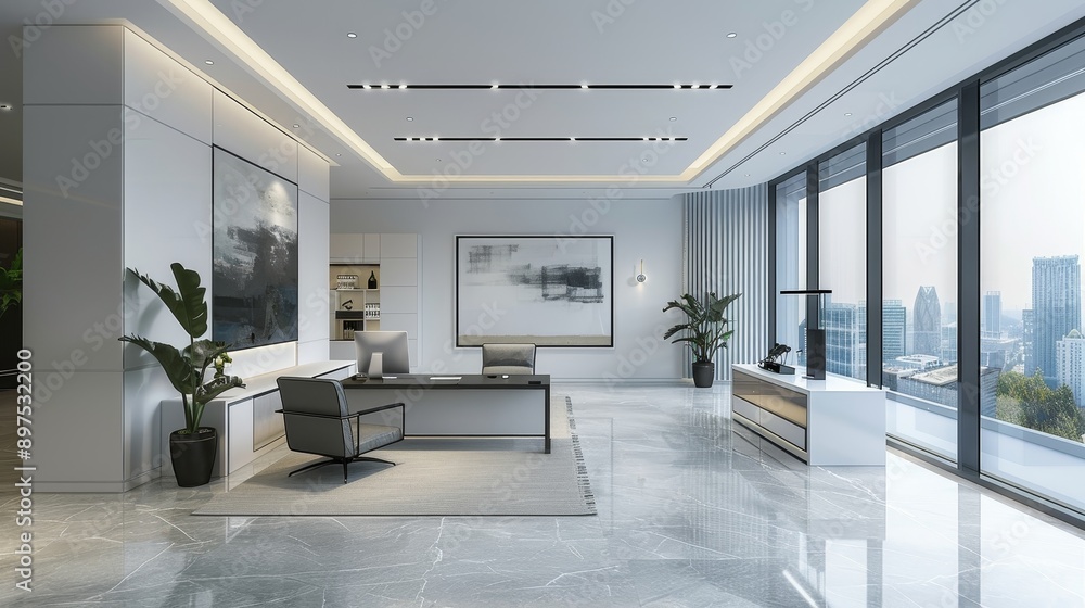 Fototapeta premium Contemporary Workspace: Minimalist Business Office with Clean Lines and Neutral Tones