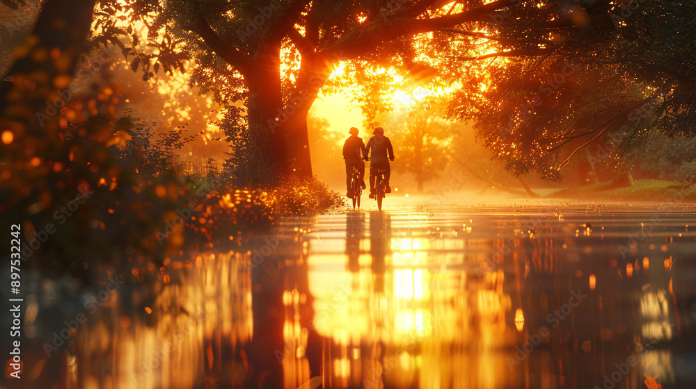 A romantic scene of a couple riding a bicycle together on a serene lake pathway, with reflections of the sunset on the water, captured in UHD A romantic scene of a couple riding a bicycle together on a serene lake pathway, with reflections of the sunset on the water, captured in UHD