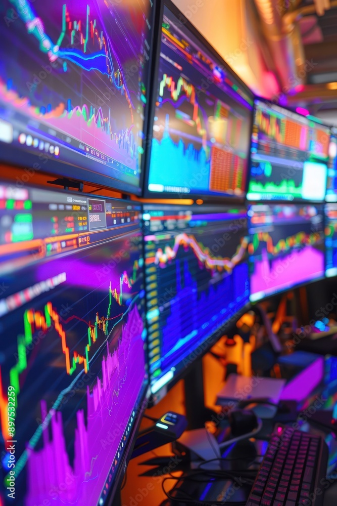 a?'imagine: Busy trading environment featuring a detailed graph of market movements, traders engaged with multiple monitors, and a vibrant display of financial metrics. a?'imagine: Busy trading environment featuring a detailed graph of market movements, traders engaged with multiple monitors, and a vibrant display of financial metrics.
