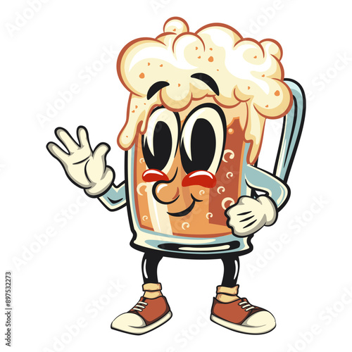 beer cartoon character retro vector design greet by waving your hand, work of hand drawn
