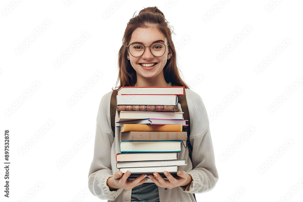 Portrait of happy young girl holding books over white background. Back to school Portrait of happy young girl holding books over white background. Back to school