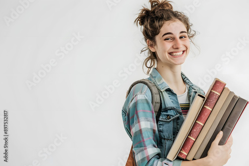 Portrait of happy young girl holding books over white background. Back to school photo