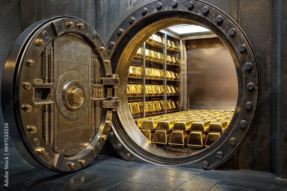 Fototapeta premium A large vault door is partially open, revealing a room filled with gold bars stacked on shelves and lying on the floor.