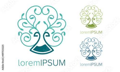 Creative logo design for science nature laboratory. Green Erlenmeyer flask with green swirls and natural concept